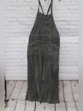 Free People Charcoal Plaid Wide Leg Tie Back Overalls Small
